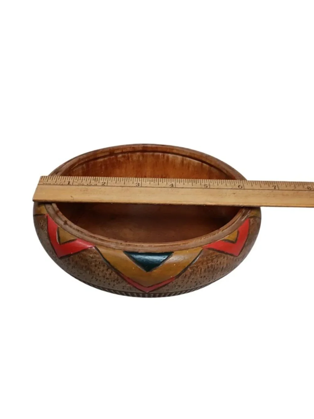Primitive Ethnic Hand Carved Hand Painted Wooden Bowl Geometric Triangular 6.5